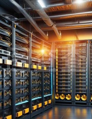 A picture of a massive mining farm with rows upon rows of ASICs.