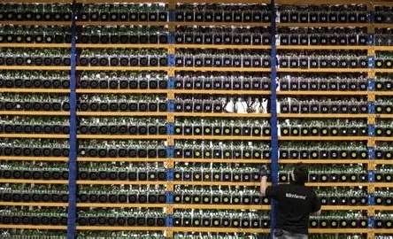A state-of-the-art cryptocurrency mining farm with rows of hardware